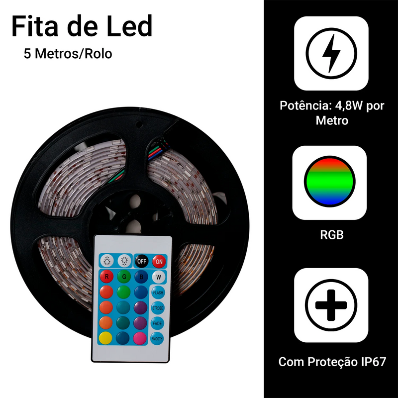 Transforme Seu Ambiente com a Fita LED RGB 5050 - 5 Metros, IP65 com Controle Remoto e Fonte 12V Bivolt